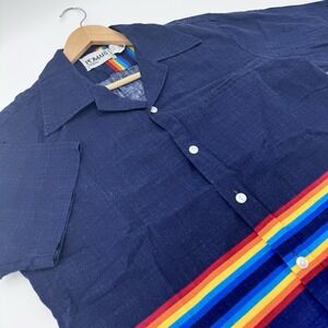 VTG Mens Medium Pomare Hawaii Rainbow Stripe Hawaiian Short Sleeve Navy